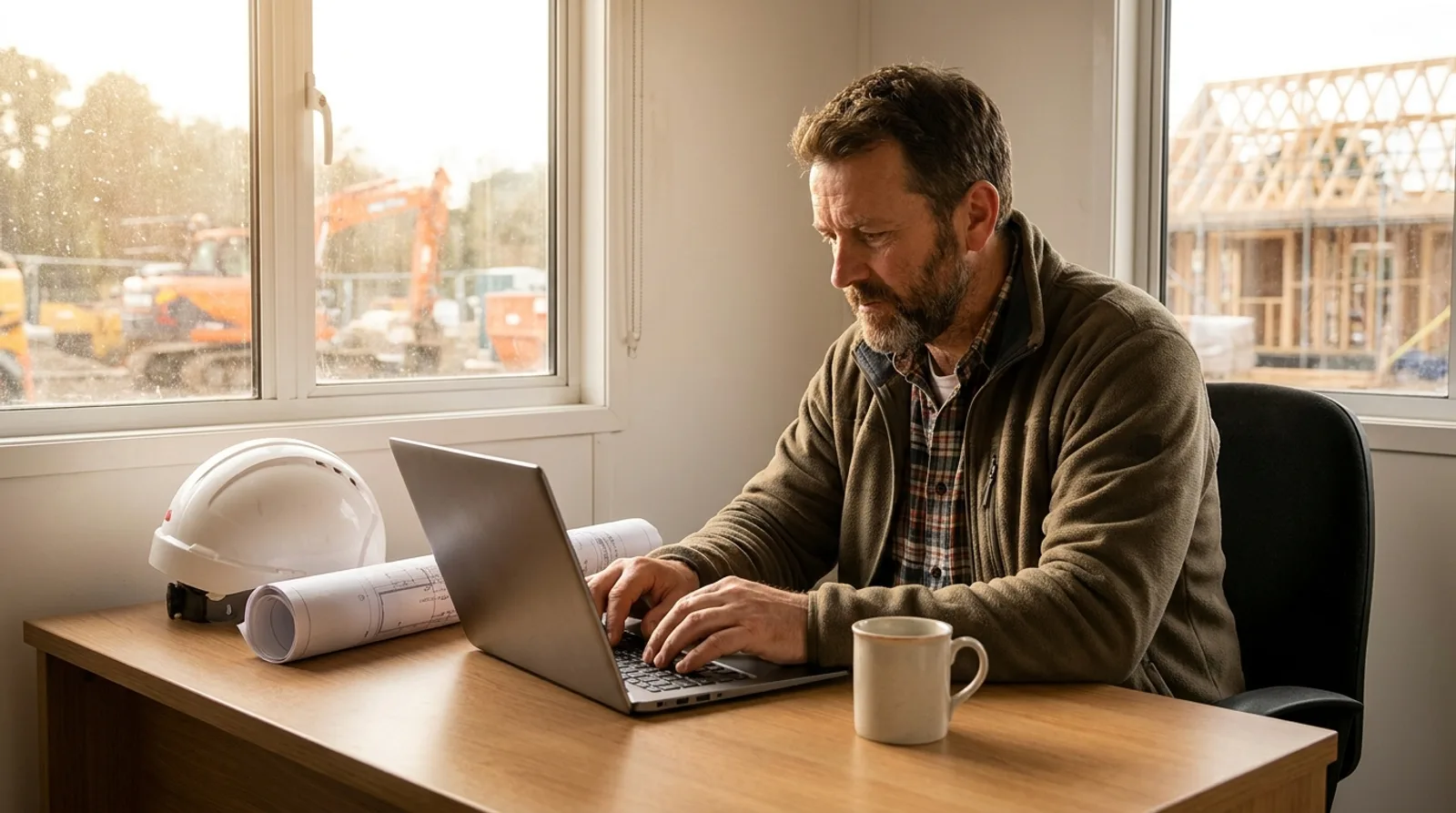 Dirigeant d'une entreprise du bâtiment devant son ordinateur portable dans un bureau de chantier