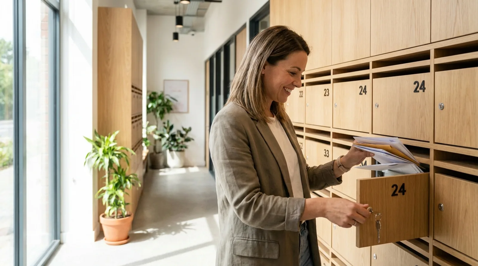 Une dirigeante relevant son courrier dans une rangée de boîtes aux lettres numérotées d'un espace partagé