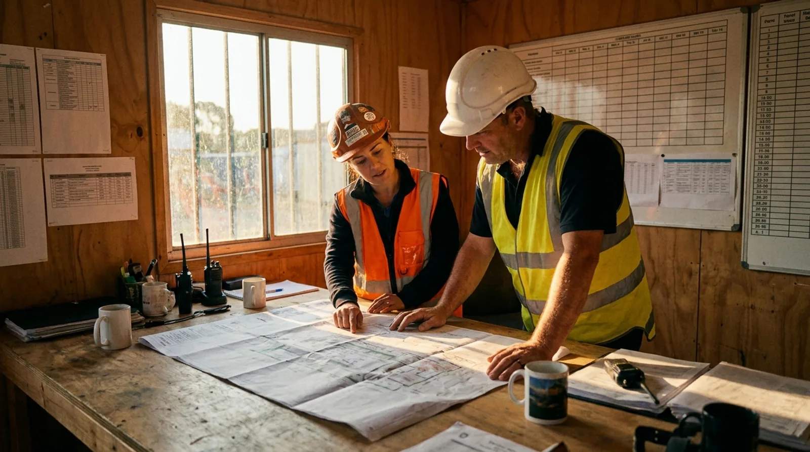 Deux professionnels en gilet de sécurité étudiant un plan sur une table dans une base de vie de chantier