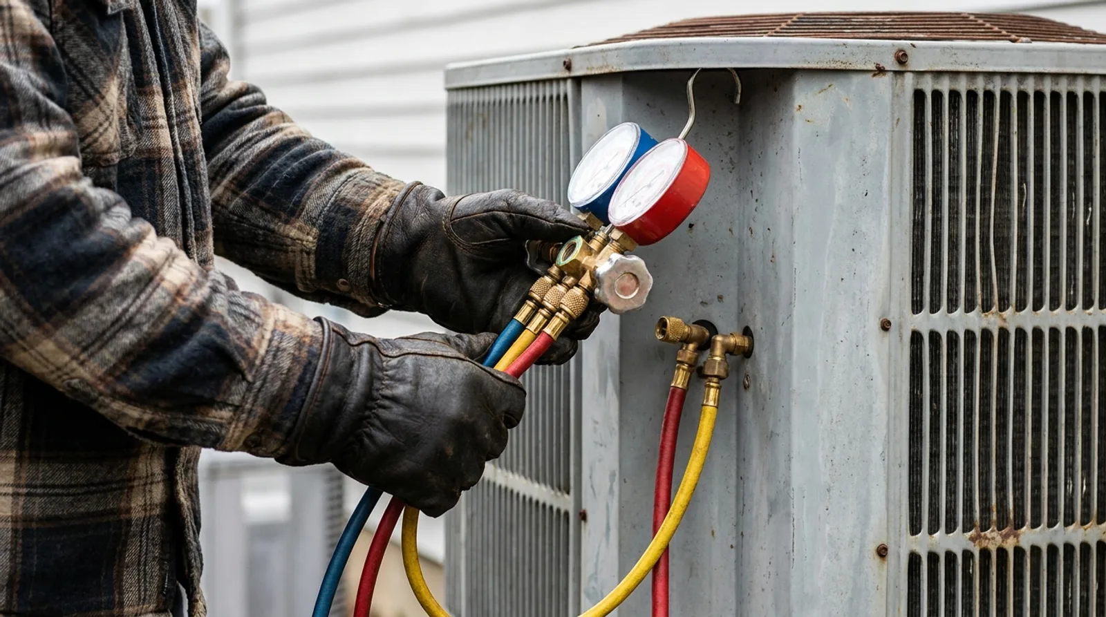 Technicien en gants branchant un manifold de manomètres sur le groupe extérieur d'une pompe à chaleur